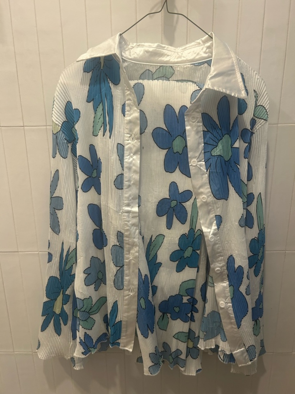White Pleated Button-Up Set with Blue Floral Print